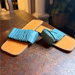 Staud- Nina Ruched Slide Sandals in Turquoise. Size 37